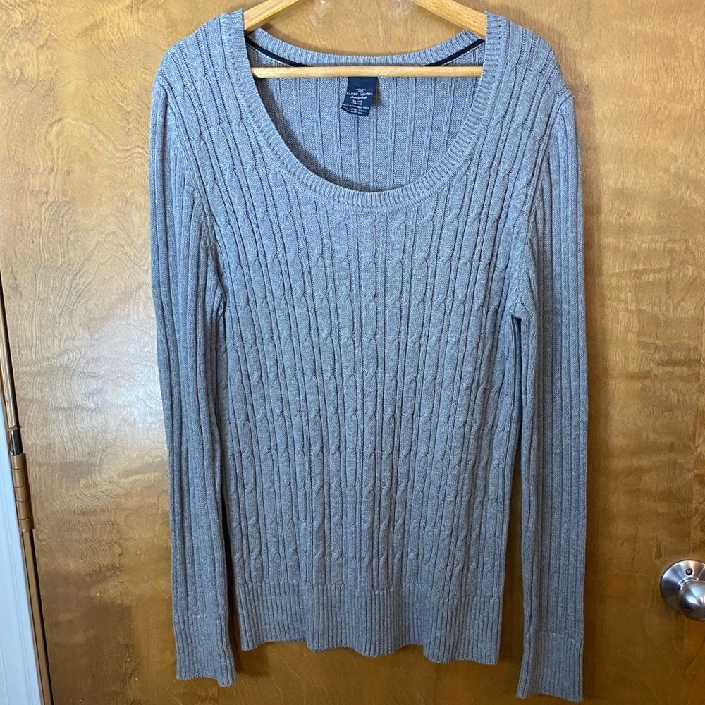 Faded Glory Grey Heather Cable Knit Cotton Long Sleeve Scoop Neck Sweater